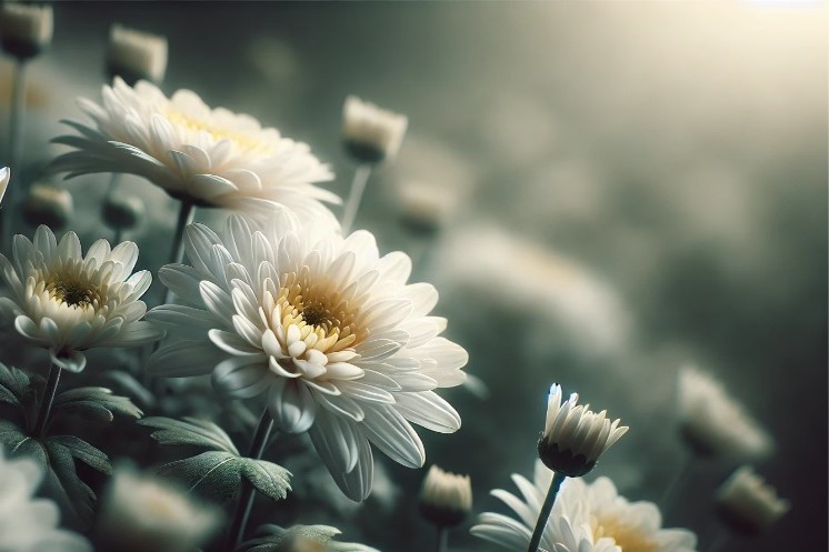 Hvite blomster med myke, kremgule sentre står i fokus i forgrunnen, mens flere blomster i bakgrunnen blir gradvis mer uskarpe, noe som gir et drømmende og rolig uttrykk. Foto.