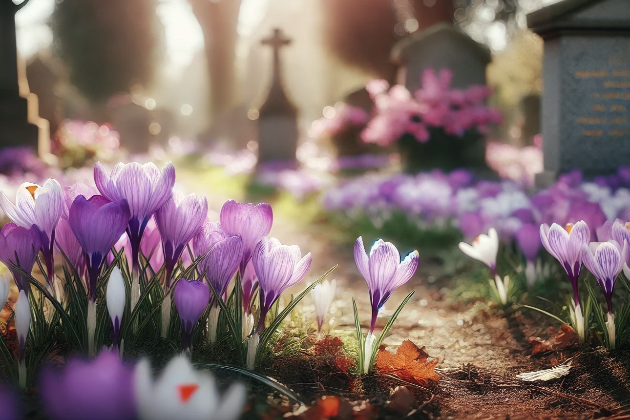 En vakker gravplass badet i sollys med lilla og hvite krokusblomster som blomstrer i forgrunnen. Gravsteiner er synlige i bakgrunnen, omgitt av frodig grønt gress og flere blomster. Den myke belysningen skaper en fredelig og håpefull atmosfære. Illustrasjon.