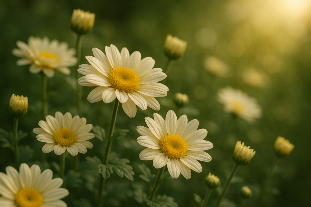 Hvite blomster med myke, kremgule sentre står i fokus i forgrunnen, mens flere blomster i bakgrunnen blir gradvis mer uskarpe, noe som gir et drømmende og rolig uttrykk. Foto.